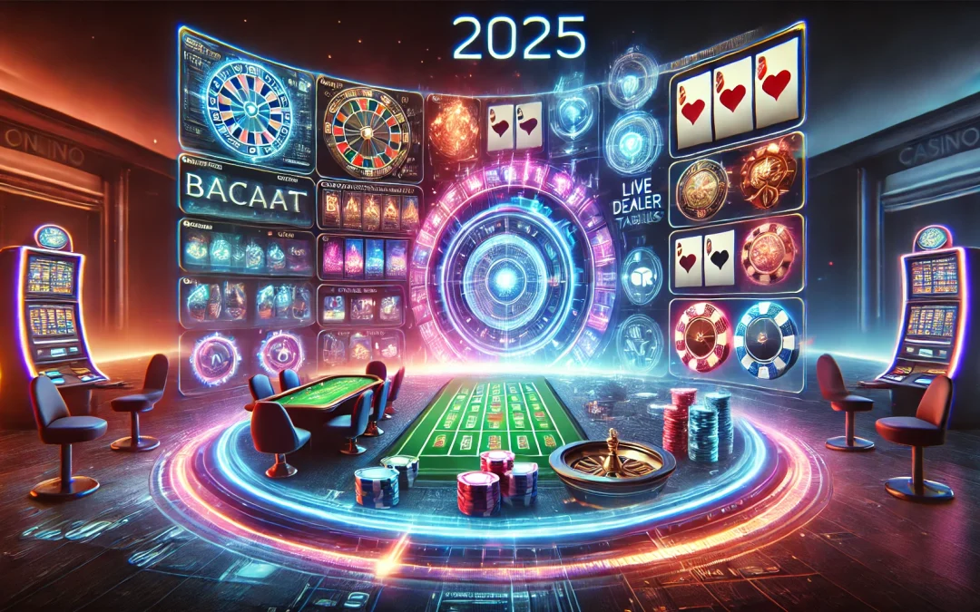 2025年線上娛樂城未來趨勢圖，展示電子老虎機、百家樂、真人荷官及輪盤等多樣遊戲